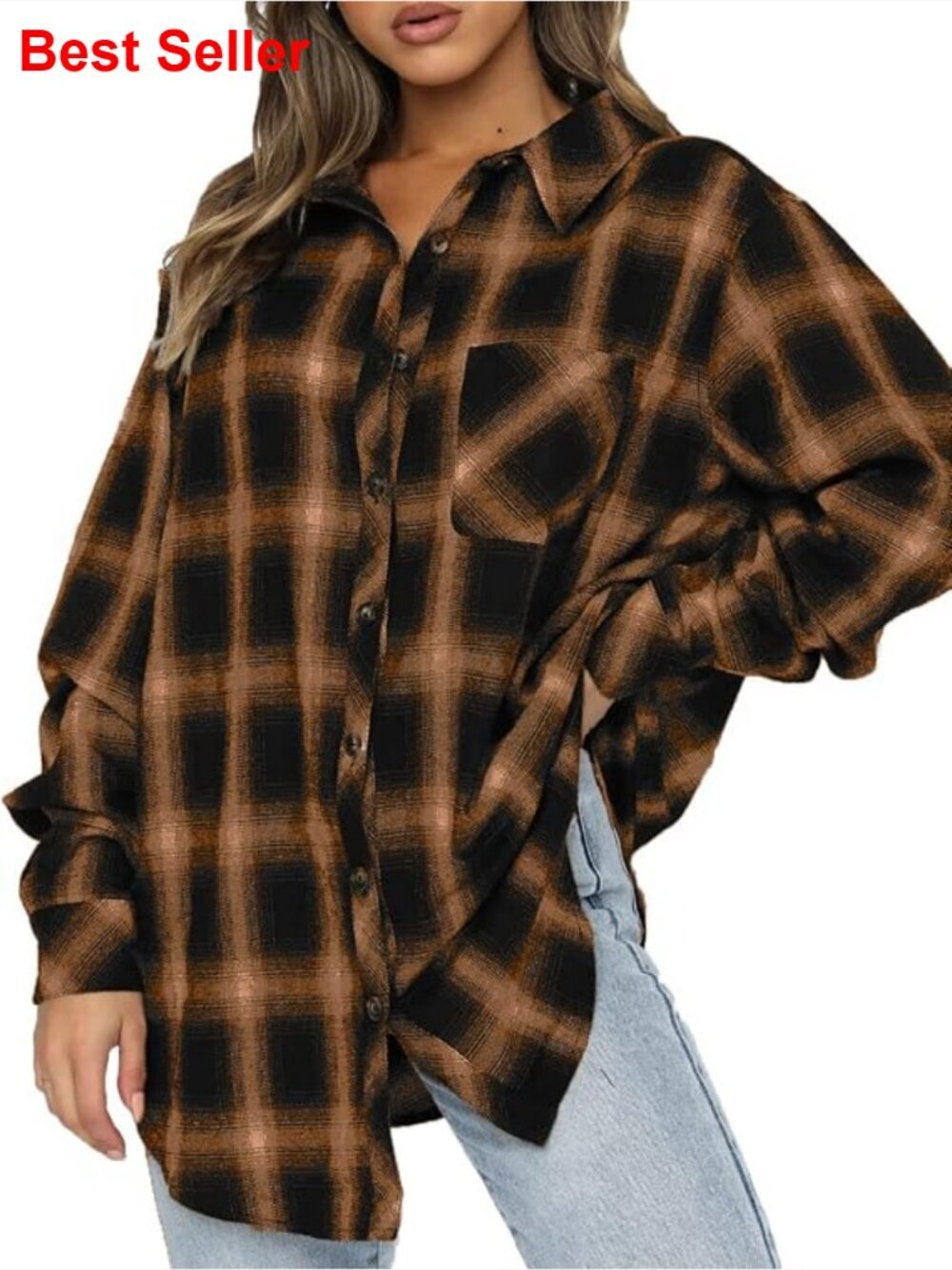 Oversized Button Down Flannel Shacket Lightweight Long Sleeve Plaid Blouse with